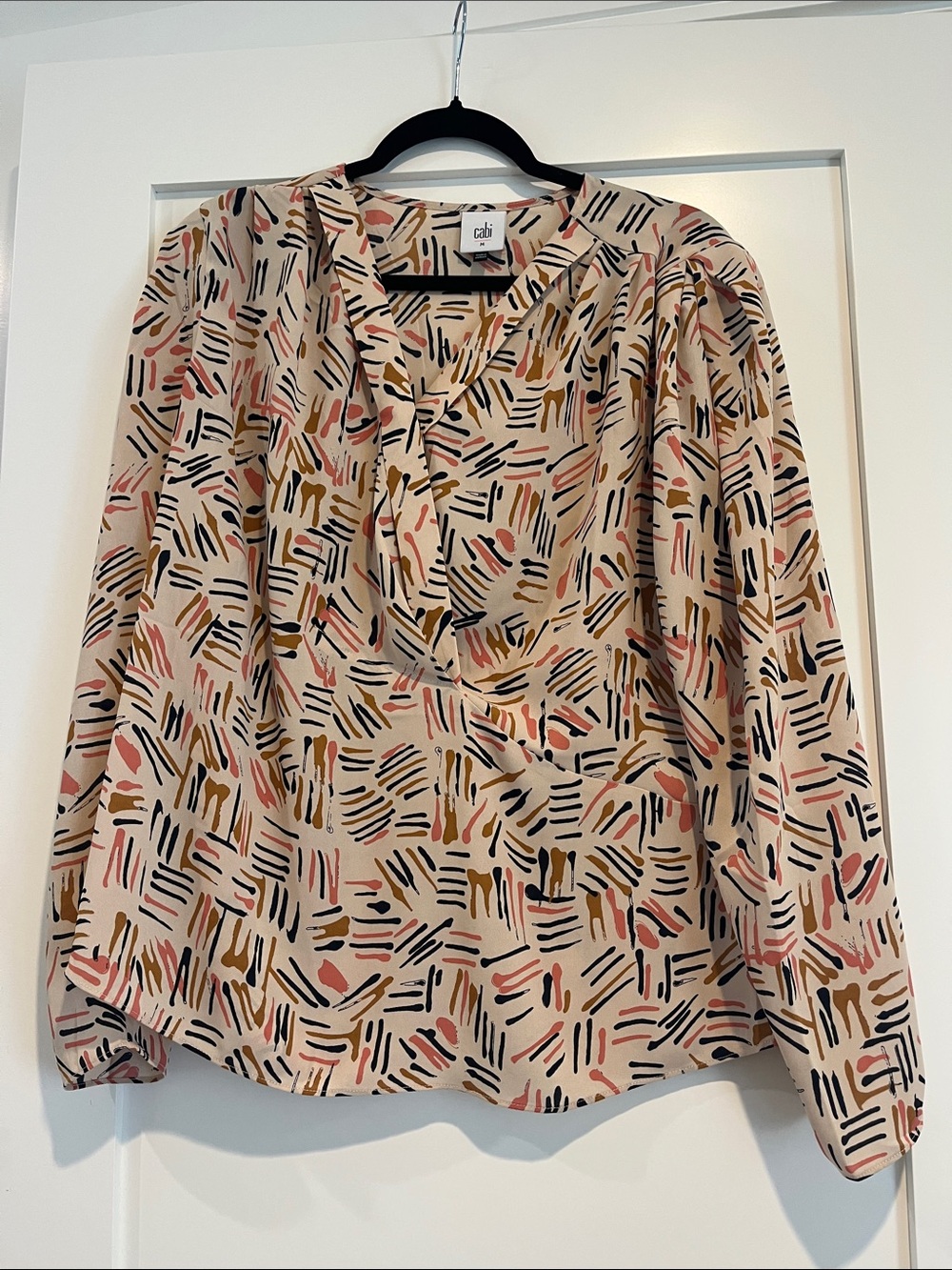 CAbi Beige Abstract Brushstroke V-Neck Blouse with Pink & Olive Accents